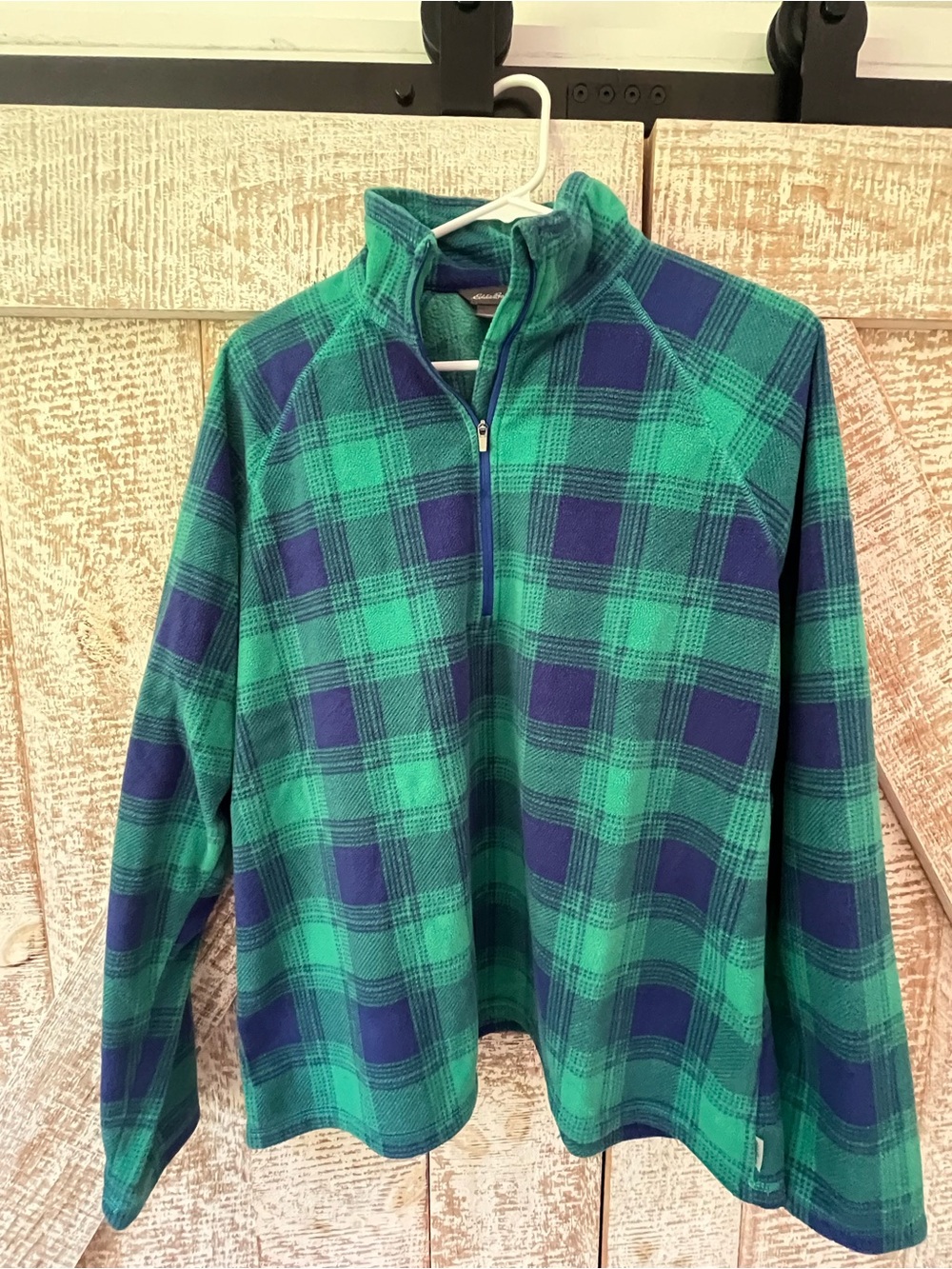 Eddie Bauer Women’s Green & Blue Plaid Fleece 1/4 Zip XL